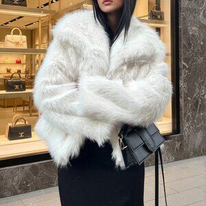 White Casual Minimalist Women's Faux Fur Coat